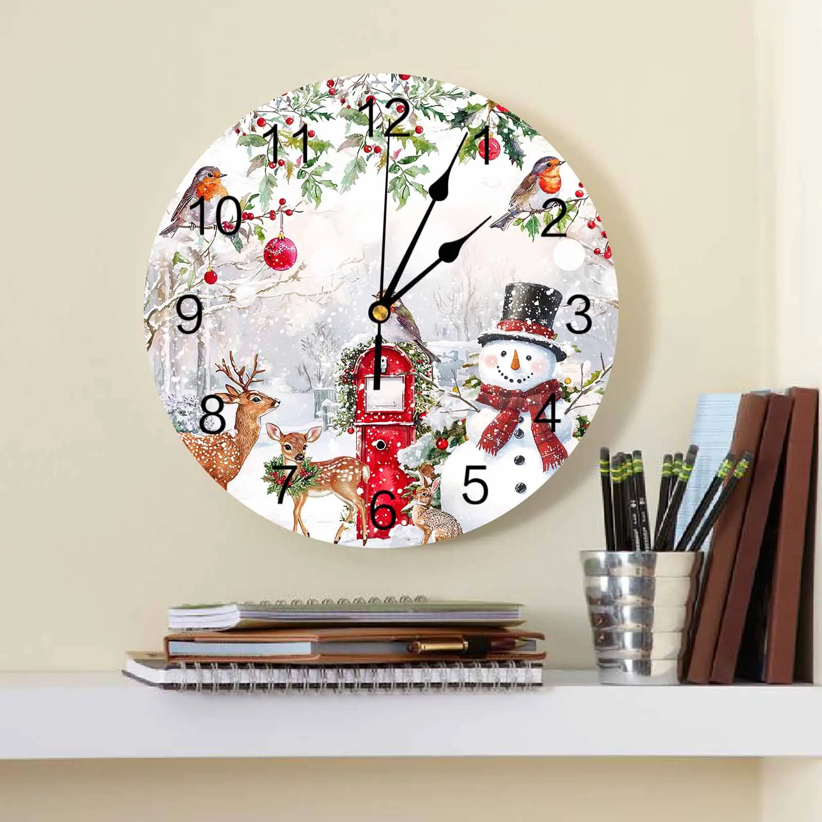 Christmas Deer Rabbit Mockingbird Cedar Leaves Wall Clock Large Modern Kitchen Dinning Round Wall Clocks Watches Living Room