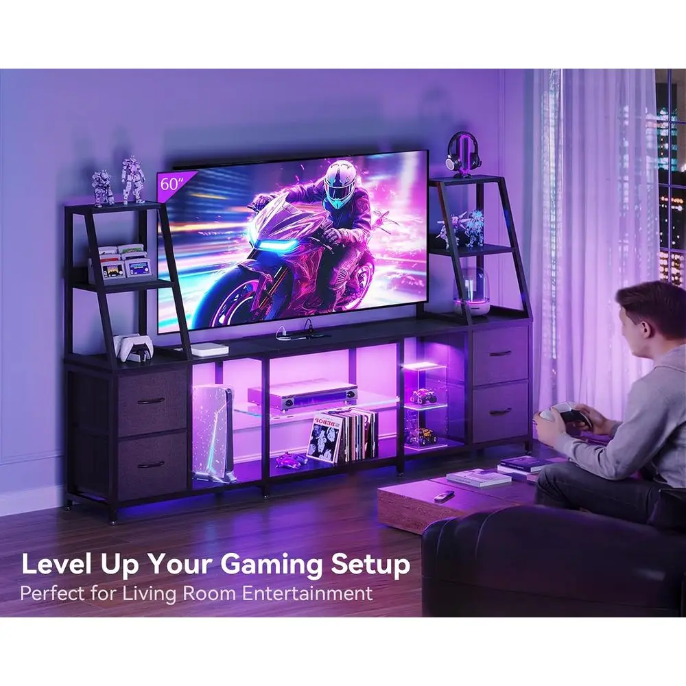 LED TV Stand or 50–65 Inch TVs with Power Outlets & RGB Ligths, Gaming Entertainment Center with 4 Ders & Storage, Media ole Sup
