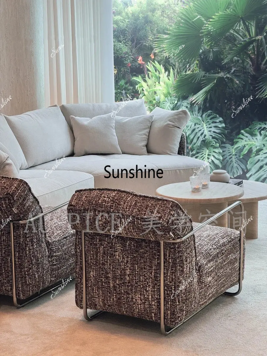 French retro niche stainless steel armrest living room fabric single sofa