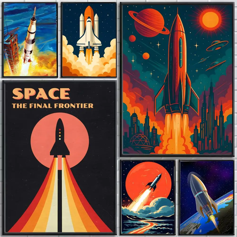 Art Retro Rocket Aviation Poster Self-Adhesive HD Mural Wall Decals, Living Room Bedroom Home Decor Gift