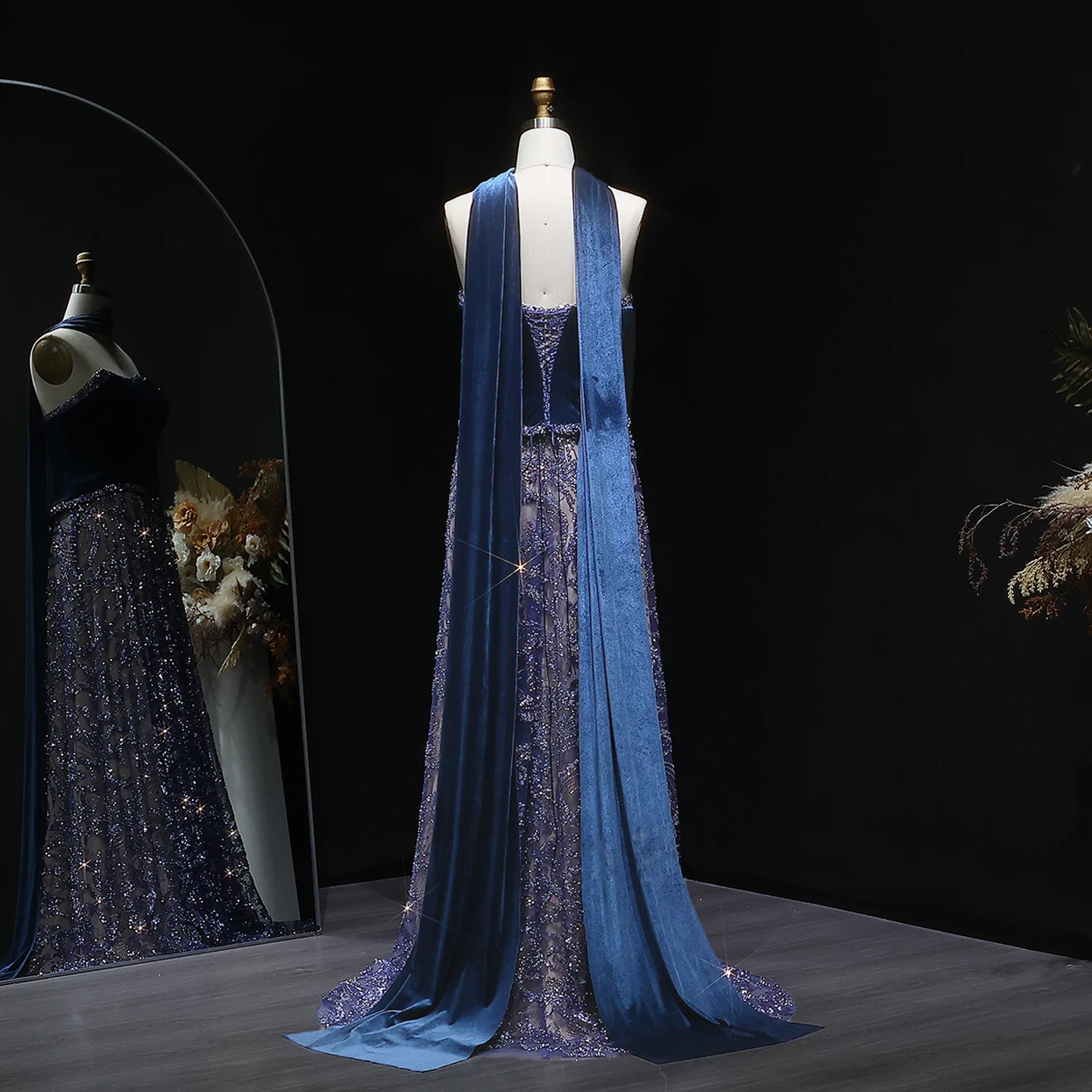 Sharon Said Luxury Beaded Blue Velvet Two Pieces Evening Dress with Scarf Arabic Women Wedding Guest Party Gown SS793 Customized image 5
