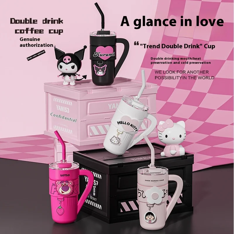 1200ml Sanrios Hellokittys Kuromi Portable Double Drink Coffee Cup Cartoon Cute Thermos Large Capacity Water Bottle Cute Gifts