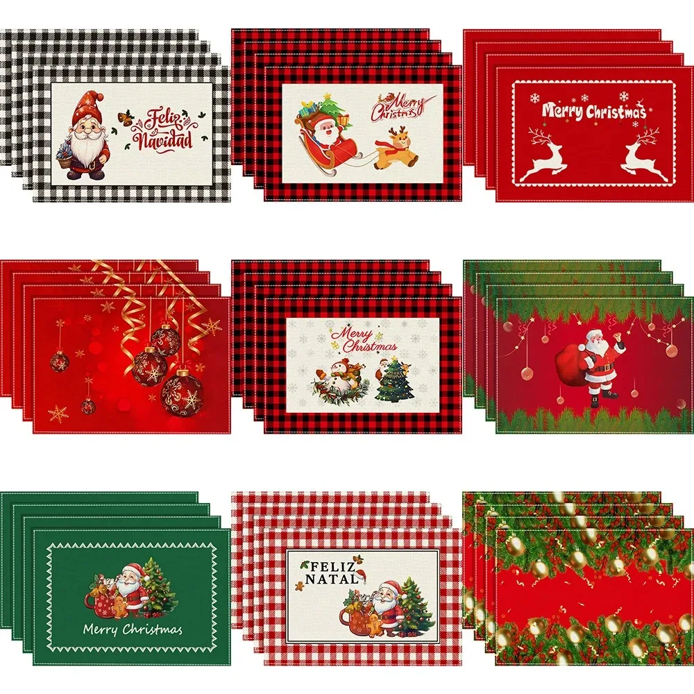 Karierte Tischsets aus Leinen mit Weihnachtsmotiv, Tischsets aus Leinen, Partydekorationen, rutschfeste und hitzebeständige Küchentischsets