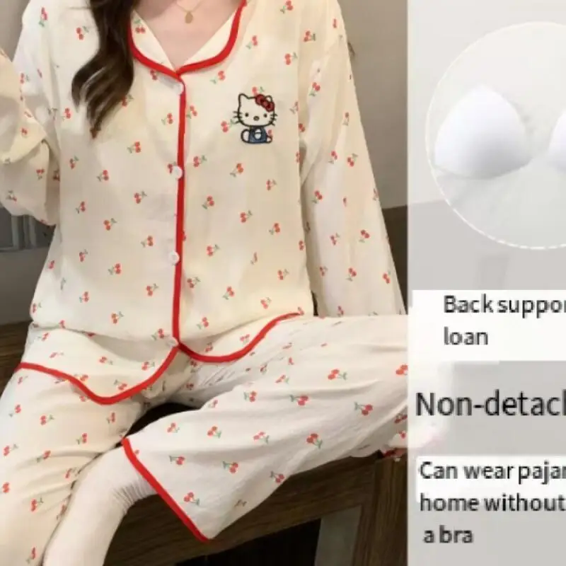 

Sanrio Hello Kitty Young Girl Pajamas Kawaii Cartoon Student Autumn Long Sleeves Long Pants with A Breast Pad Homewear Set New