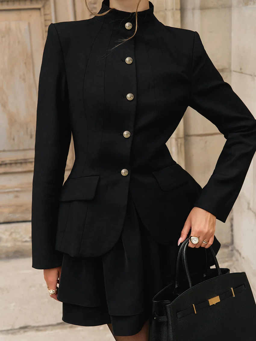 Women Black Stand Collar Fitted Blazer Vintage Gold Button Tailored Jacket Elegant Old Money Office Lady Long Sleeve Outerwear