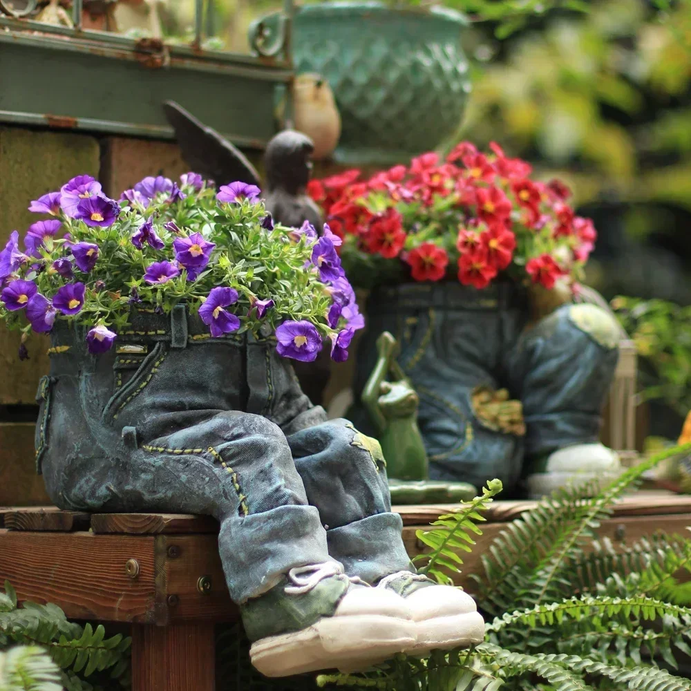 American Outdoor Courtyard Cement Cowboy Vase Sculptures Decoration Crafts Balcony Park Ground Flower Pants Flowerpot Ornaments