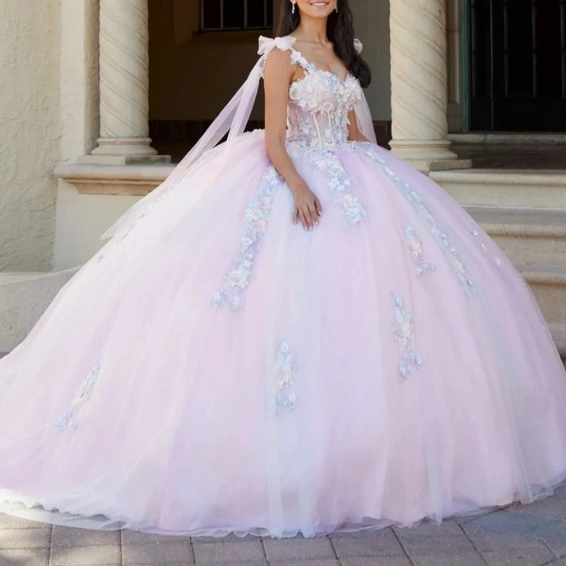 

Light Pink Beading Tassel Off The Shoulder Quinceanera Dress Ball Gown 3D Flowers Appliques Lace Tull Corset Vestido De 15 Anos