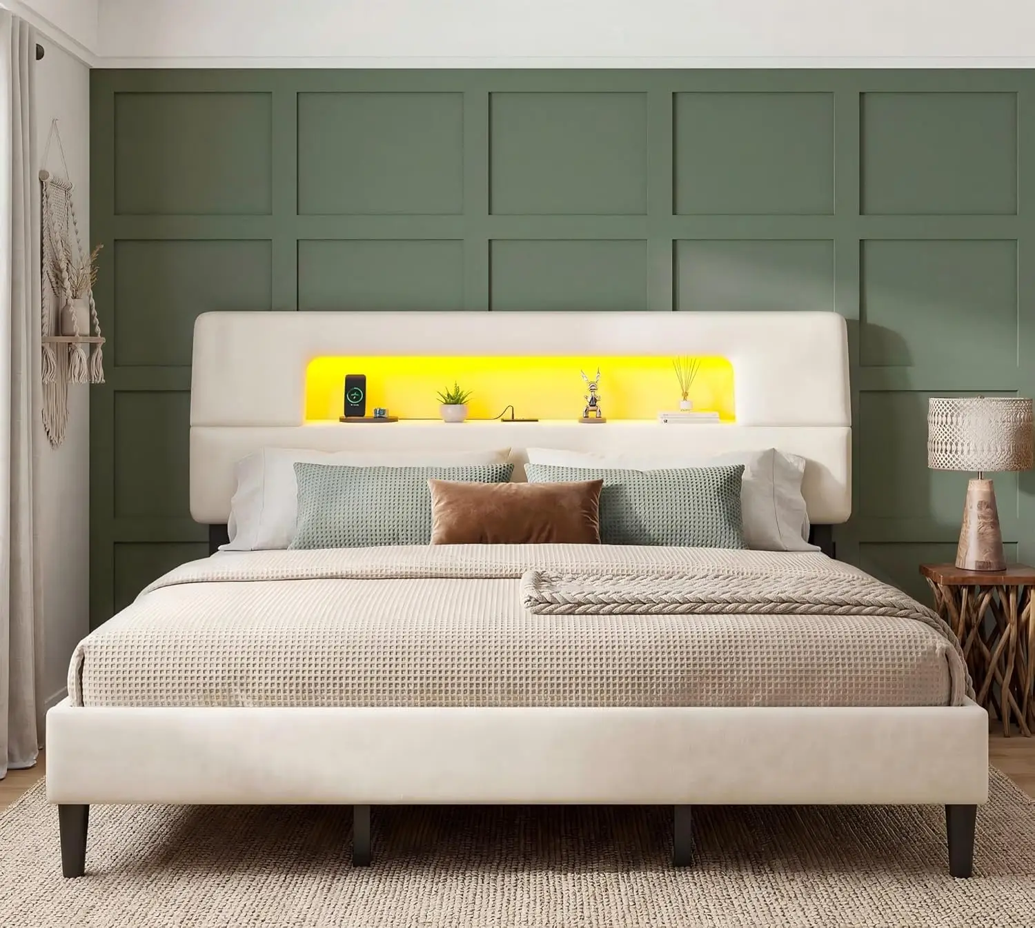 #King Upholstered Bed Frame with Storage Headboard LED Charging Station Noise-Free Easy Assembly Beige, Customized