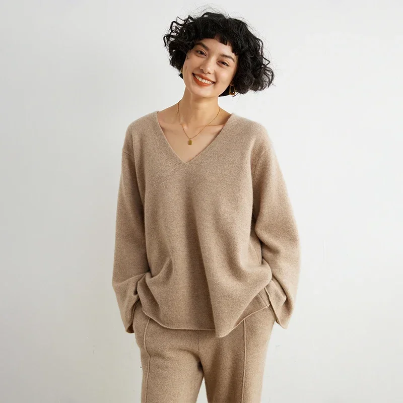 

Fashion Suit Autumn Winter 100% Cashmere Knitted Sweater Quality Women Pullover And Harem Pants Two-Piece Female Ladies Clothes