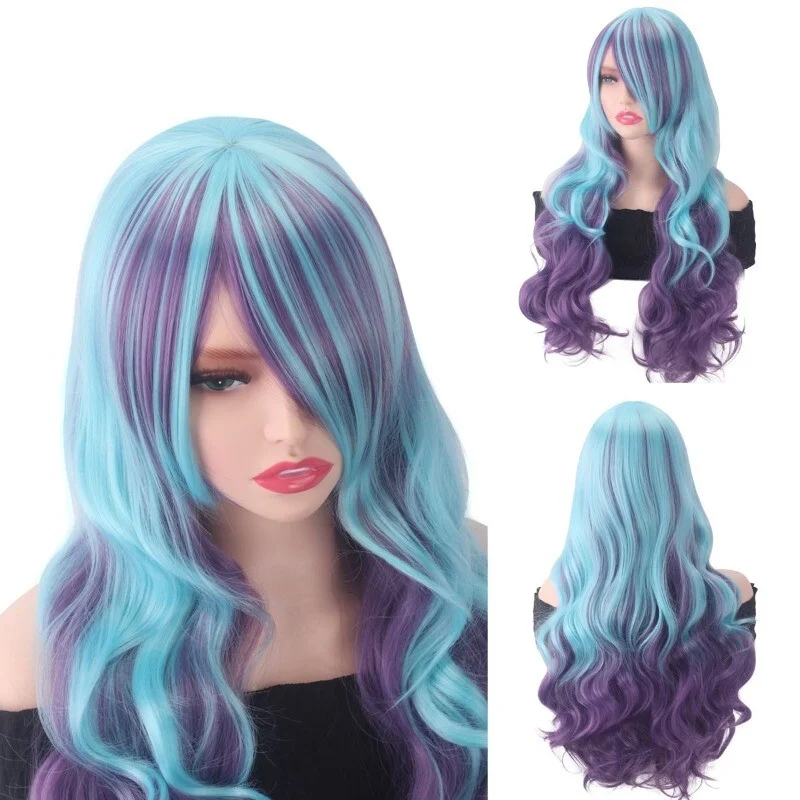 

Women Wig Multicolor Long Curly Wavy Hair Blue Purple Party Full Wigs Cap