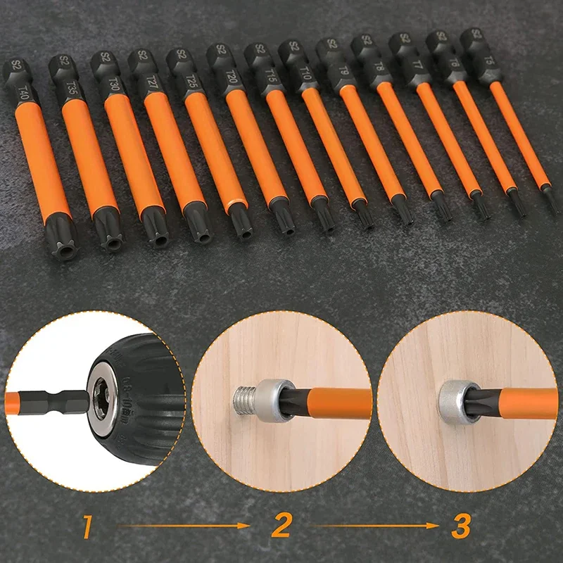 T5-T40 Segurança Torx Bit Set, Tamper Resistant Star Bits Set, Hex Shank S2 Aço Chave de fenda com magnético, 1/4 ", 13Pcs, 75mm