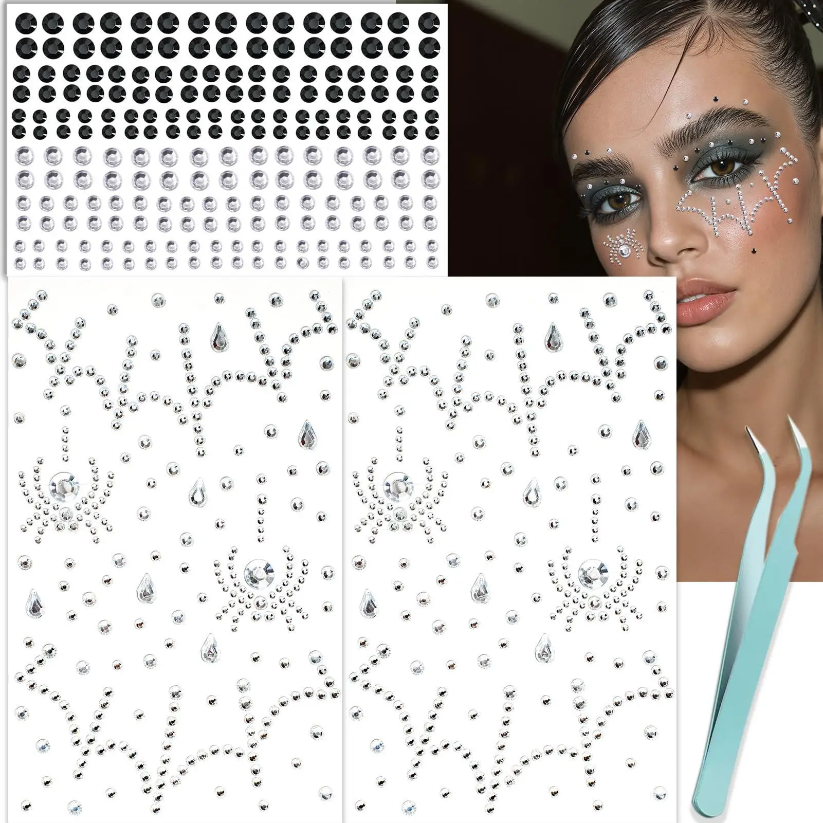 3D Spider Web Face Gems Halloween Makeup Face Jewels for Women Hair Gems Black Clear Face Rhinestones Stickers Spider Costume