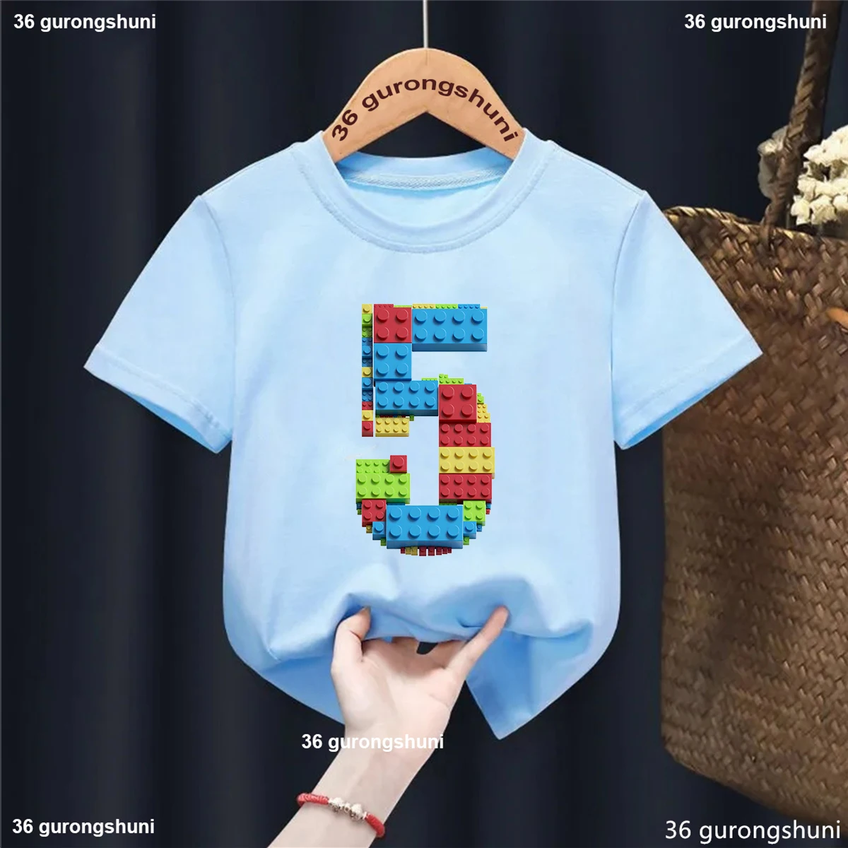 T-Shirt For Kids  Building Blocks 5.6.7 Birthday Number Print Tshirt Cute Kids Clothes Birthday Giftt Shirt Summer Boy Tshirt