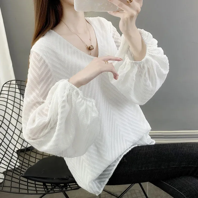 Nova camisa de chiffon fina camisetas femininas primavera outono 2025 estação europeia casaco solto tamanho grande pulôver vestindo uma maré superior