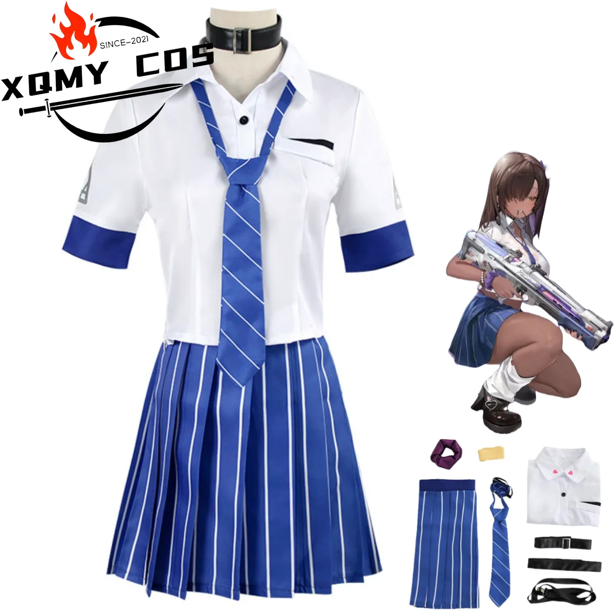 

XqGame NIKKE: Богиня Победы Нага, карнавальный костюм, японская школьная форма JK, синяя юбка, парик, женский сексуальный карнавальный костюм