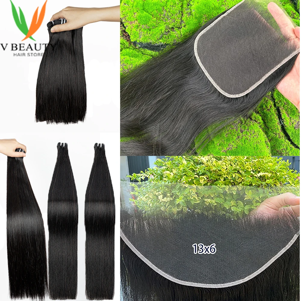 13X4 Lace Frontal16A Vietnamese Double Drawn Bone Straight Bundles with Lace Closure Raw Human Hair 3 Bundles Raw Hair