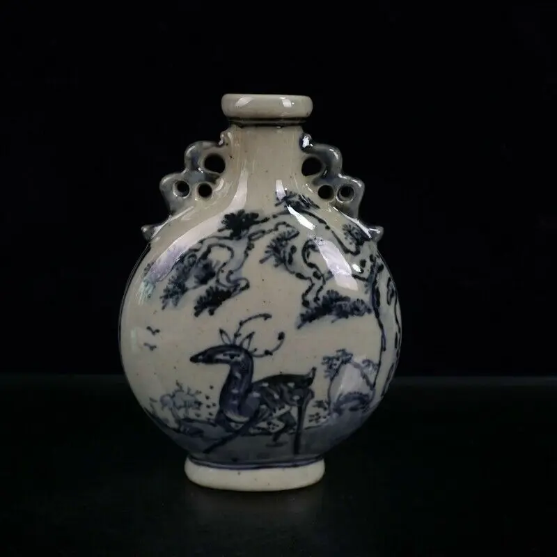 Chinese Blue and White Porcelain Red-Crowned Crane Deer Grain Two Ear Vase