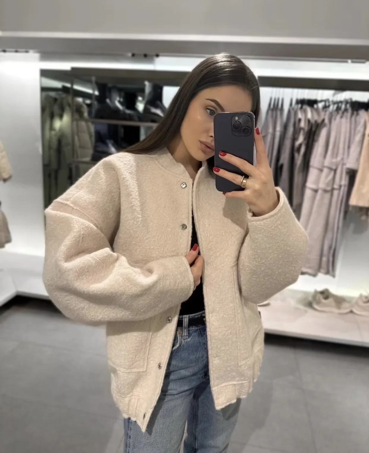 

Loose Casual Jacket Street Y2K Solid Color Hidden Button Coats Loose Outwear Women Pockets Coats Stand Collar Jacket