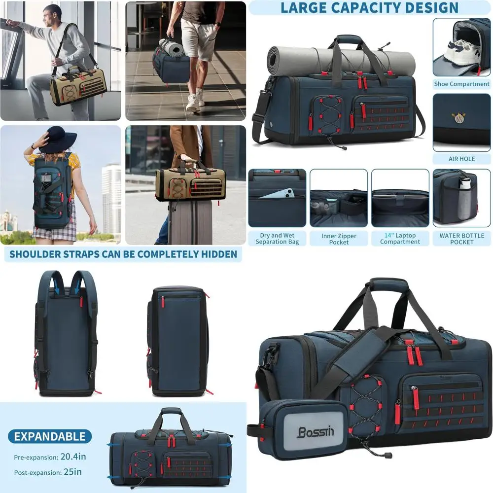 

45L Unisex Travel Sports Duffel Bag with Shoe Compartment - Weekender & Gym Bag (Blue)