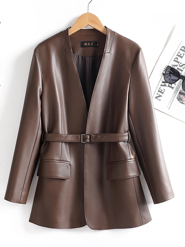 Nuovo Cappotto Donna Primaverile Autunnale in Pelle di Pecora a Mezza Lunghezza con Chiusura a Cerniera, Maniche Lunghe e Scollo a V, con Cintura in Vita