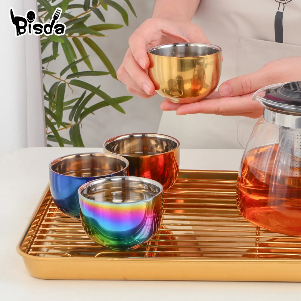 4/8PCS Tea Cup Stainliess steel Tea Cup Sets With Tray And Removable Holder Gold Mug Double Layer Anti-Scalding Cups Teaware