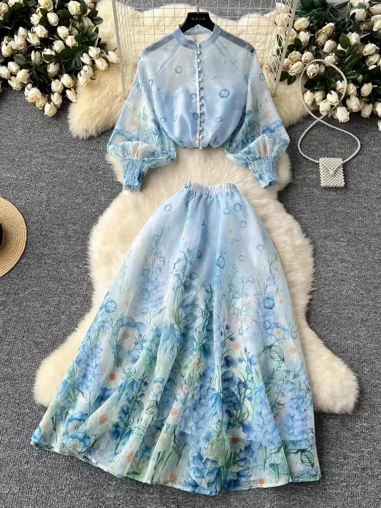 Summer Holiday Organza Gorgeous Flower 2 Piece Set Women Long Lantern Sleeve Shirt Blouse and Elastic Waist A Line Skirt Suit