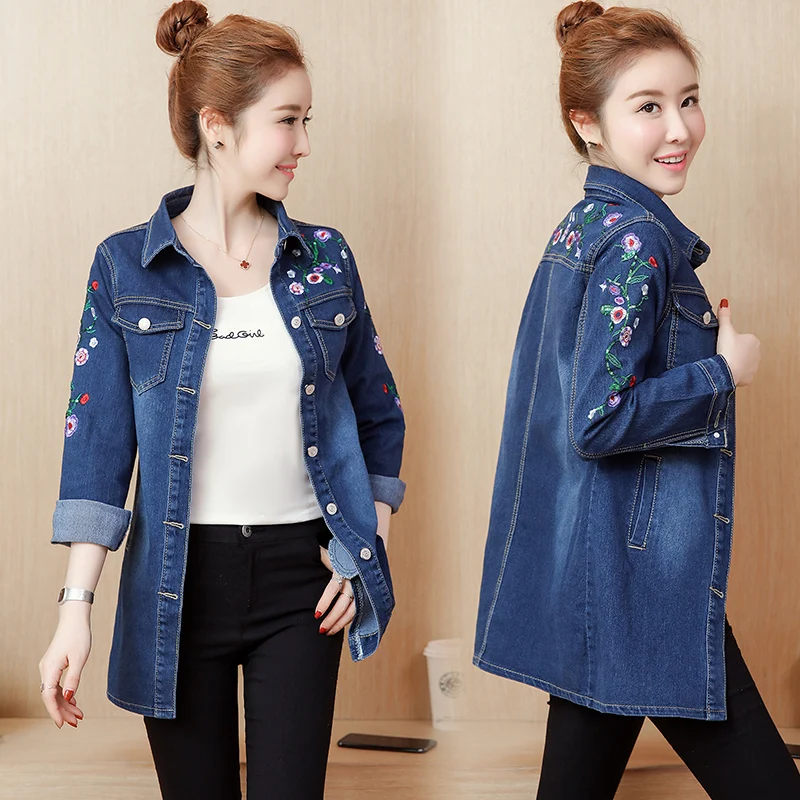 Dames grande taille brodé Denim Jaet décontracté ample Sle printemps automne Faionable polyvalent mi-long coton vêtements d'extérieur