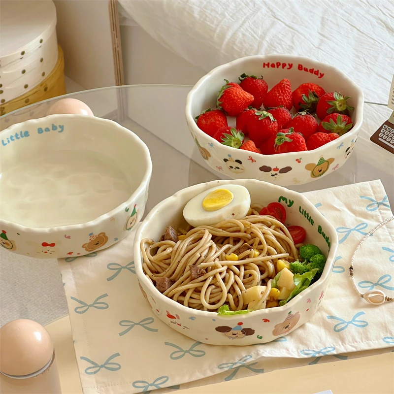 Cute Handheld Ceramic Pasta Breakfast Plates Korean Style Restaurant High Quality Tableware Cartoon Pattern Bread Salad Plates