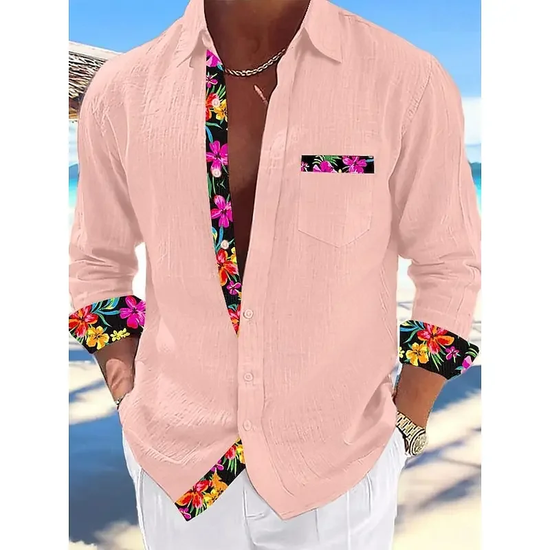 

Solid Color Shirts Fashion Casual Linen Shirts Floral Stitching Casual Men's Tops Shirts Simple and Comfortable Men's Shirts
