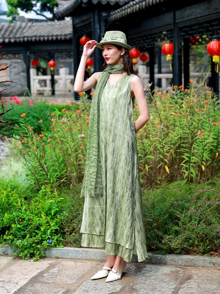 

Elegant Retro Color Block Two-Piece Set Green Sleeveless Dress Women Summer National Style Design Original Yang Li