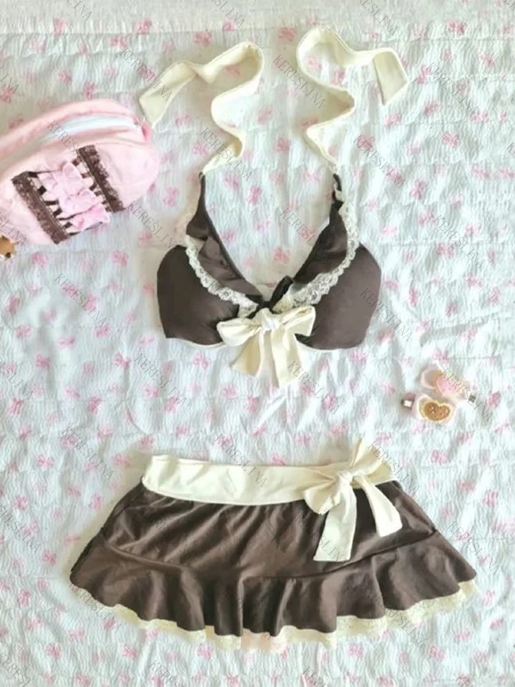 

Harajuku Kawaii Retro Y2K Summer Women's Halter Neck Strap No-Padded Bikini Set Streetwear Casual Solid Color Lace Women's Skirt