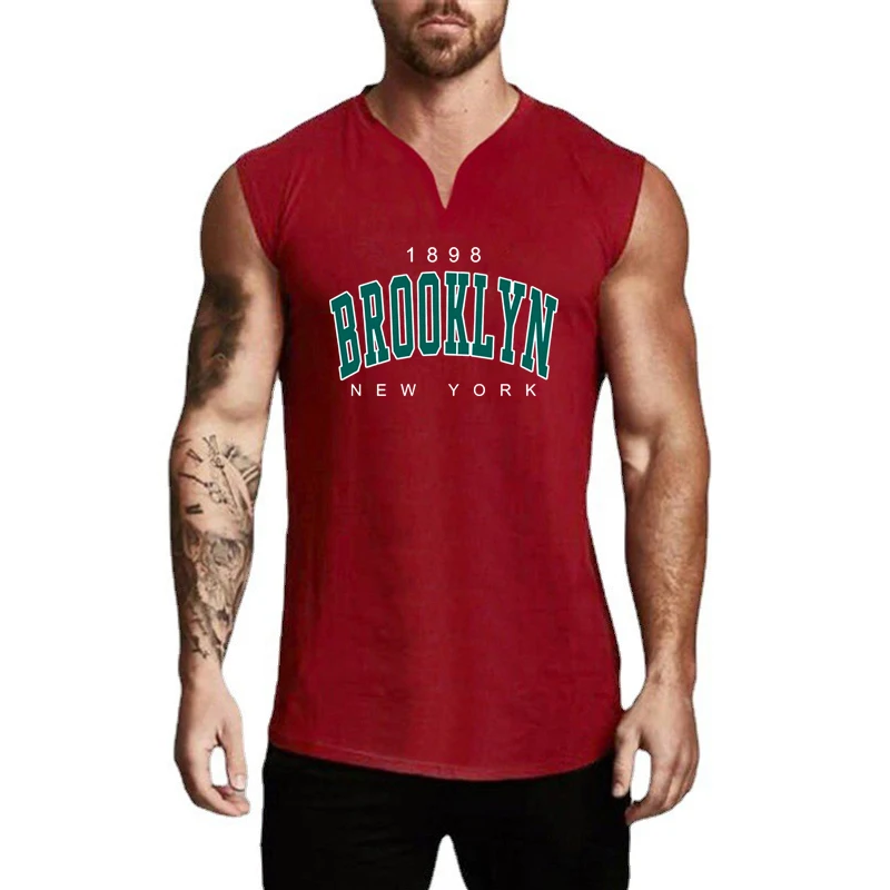 1898 Brooklyn New York Printed Gym Fitness Vests Cotton Breathable V-Neck Sleeveless Shirt Mens Bodybuilding Workout Tank Tops