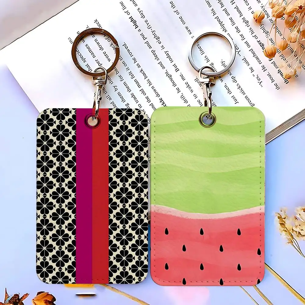 K-Kate S-Spade Art Rectangle ID Card Case Keychain Access Card Bag Key Tag Ring Leather Card Holder Key Ring Access