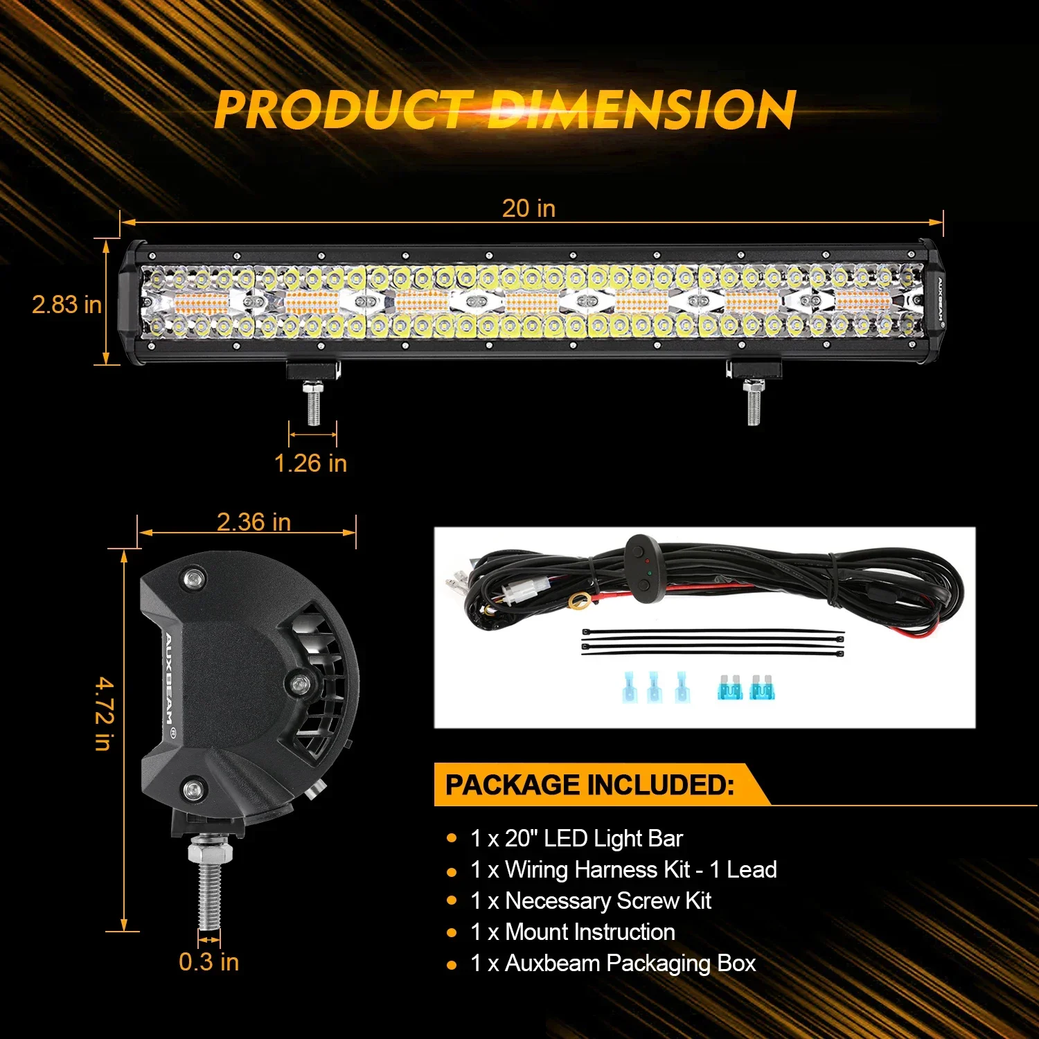 AUXBEAM 12inch / 20inch LED Work Light Bar 6 Modes Amber White LED Light Pods Memory Function Off Road Truck Fog Driving Light