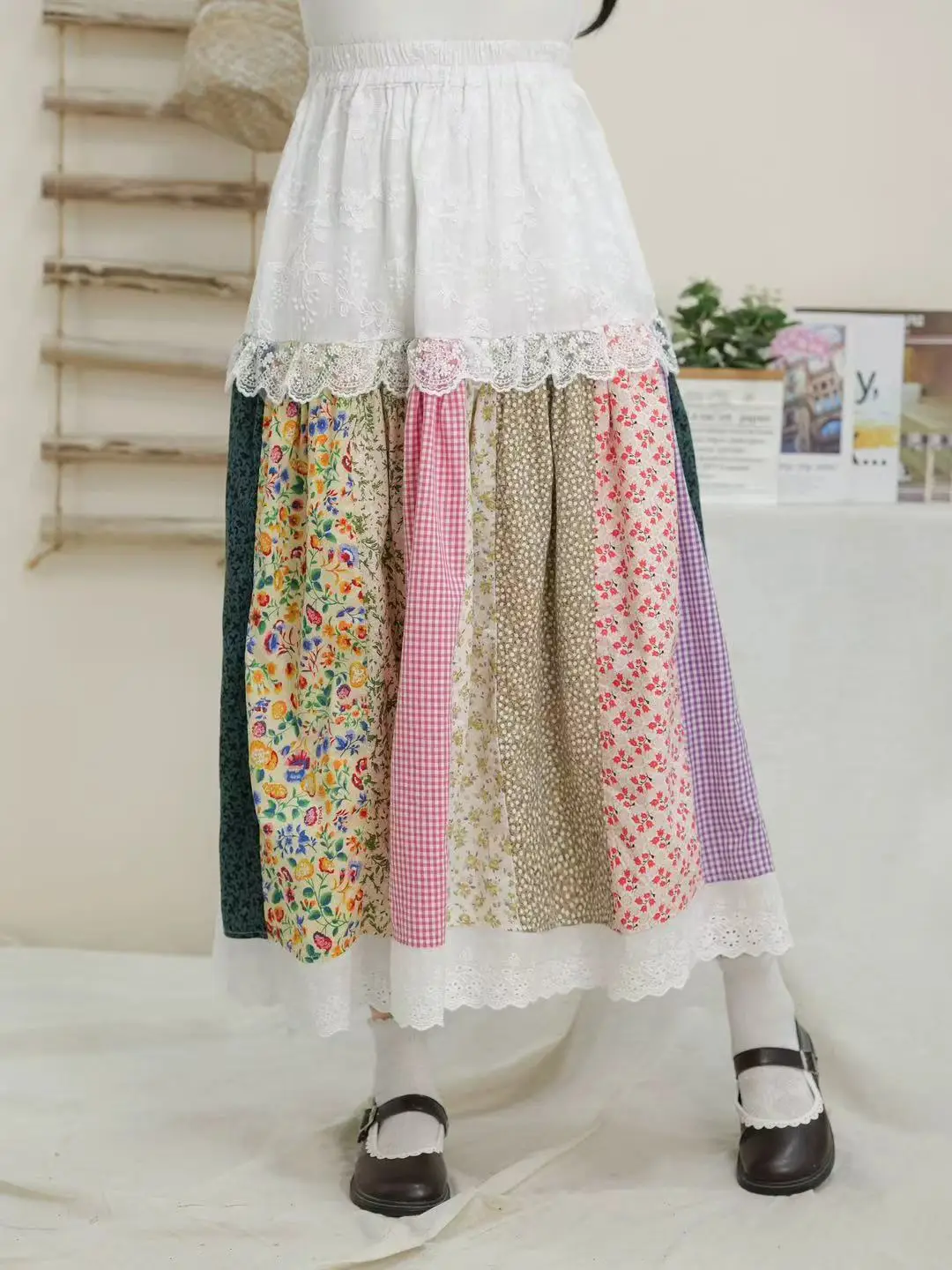 Retro bosque Sle Patchwork bordado Primavera Verano f falda cintura elástica versátil linda chica encaje empalme falda