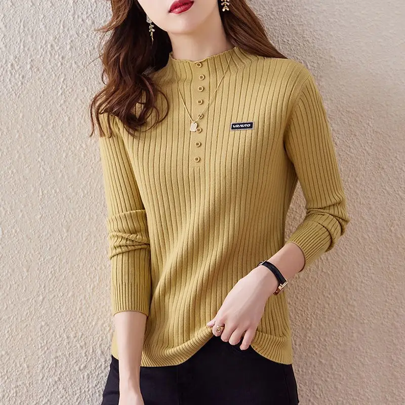 

Autumn Winter New Korean Simple Solid Half High Neck Sweater Women's Striped Button Patchwork Long Sleeved Pullovers Knit Top