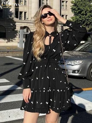 Clacive Fashion Loose Print Women's Dress Casual Ruffle Collar Long Sleeve Mini Dresses Elegant High Waist Pleated Female Dress