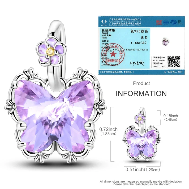 925 Sterling Silver Purple Series Purple Firefly Garden Butterfly Pendant Beads Charms Fit Bracelet DIY Birthday Jewelry Gift