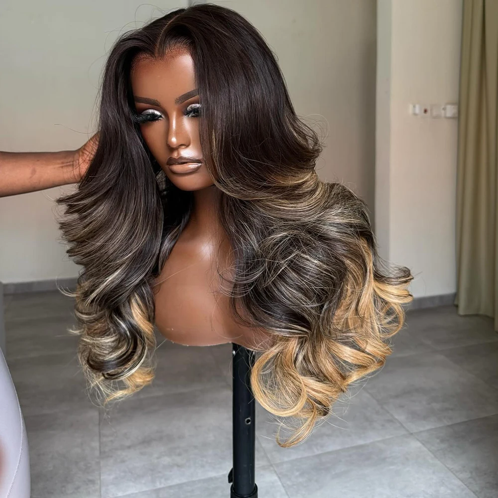 Highlight Blonde 13x4 Body Wave 250 Density Wear and Go Glueless Wig Ombre 1B 27 Colored 13x4 Transparent Lace Frontal Wigs
