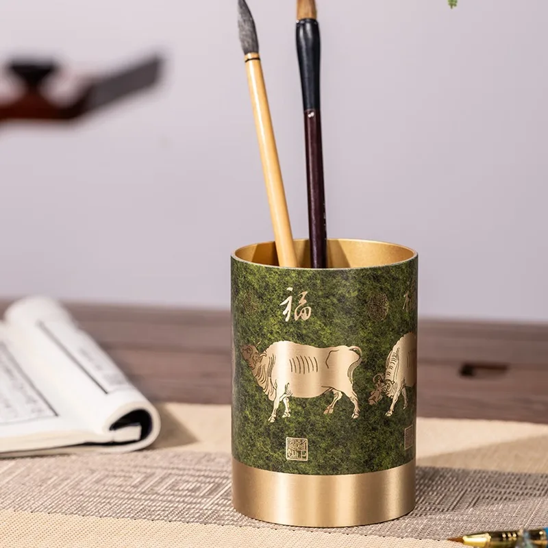 Zhu Bingren Copper Five Oxen Blessing Brush Pot Creative Desktop Ornament For Study Office Back‑to‑School Gift