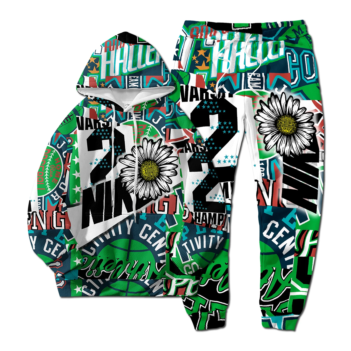 European Style New NK Letter Hip-hop 3D Digital Printing Fashion Casual Sports Youth Men and Women Hoodie Long Pants 2-Piece Set
