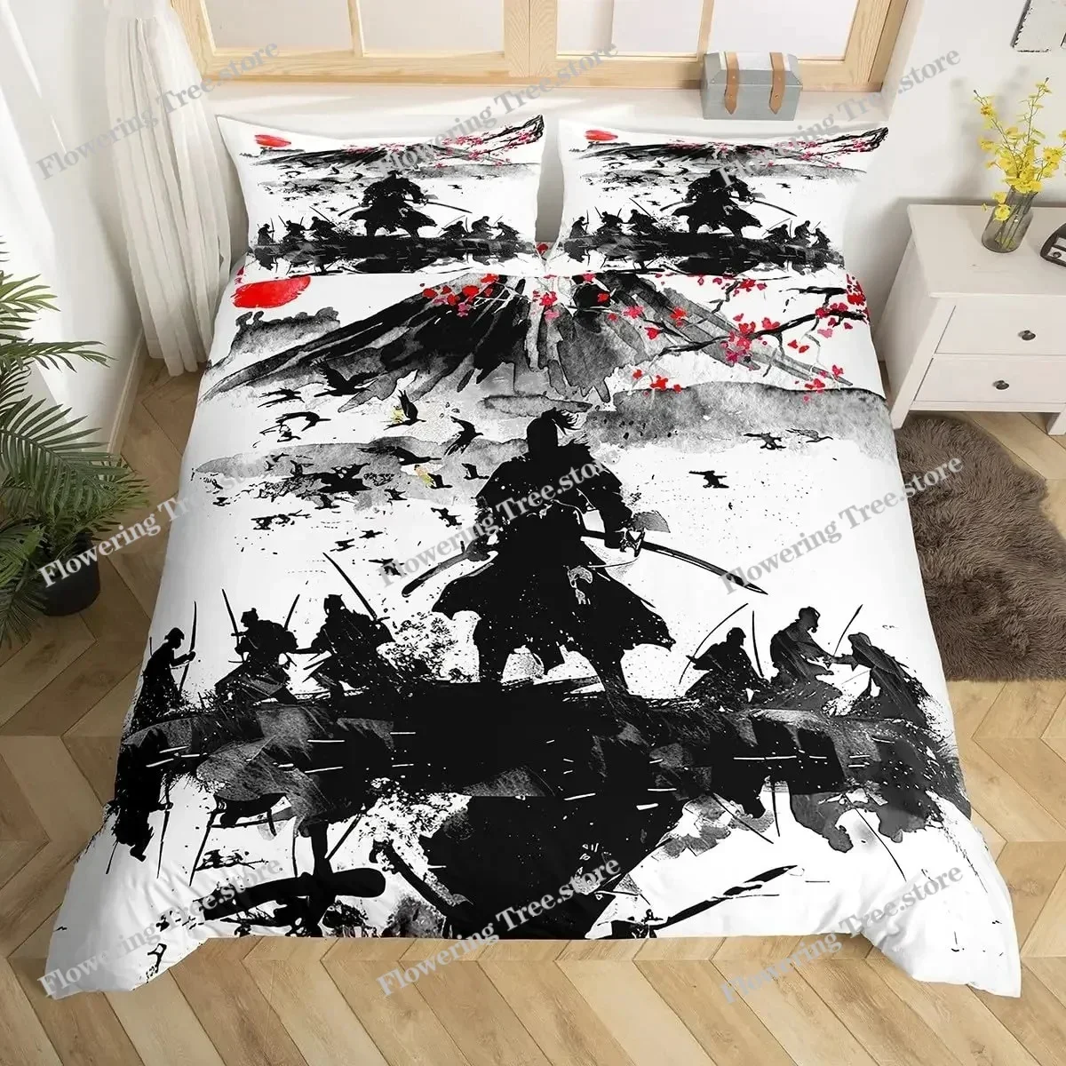 Japanese Samurai Bedding Set Full Size Cherry Blossoms Comforter Cover Red Sun Hokusai Duvet Cover Fuji Mountain Quilt Cover0299