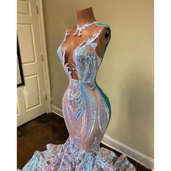 Sparkly Lace Sequined Prom Dress Sleeveless O Neck Mermaid Wedding Party Evening Gown Formal Occasion Vestido De Fiesta