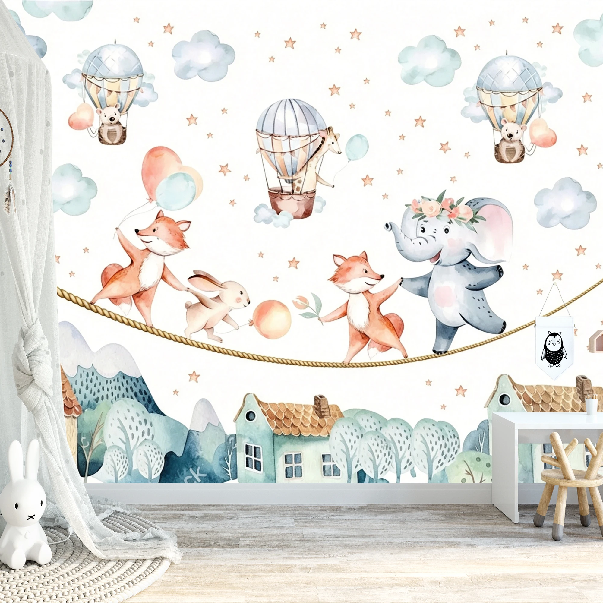 Custom Kids Wallpaper Cute Animal Hot Air Balloon House Mountain Cloud Star Mural for Baby Nursery Bedroom Wall Decor