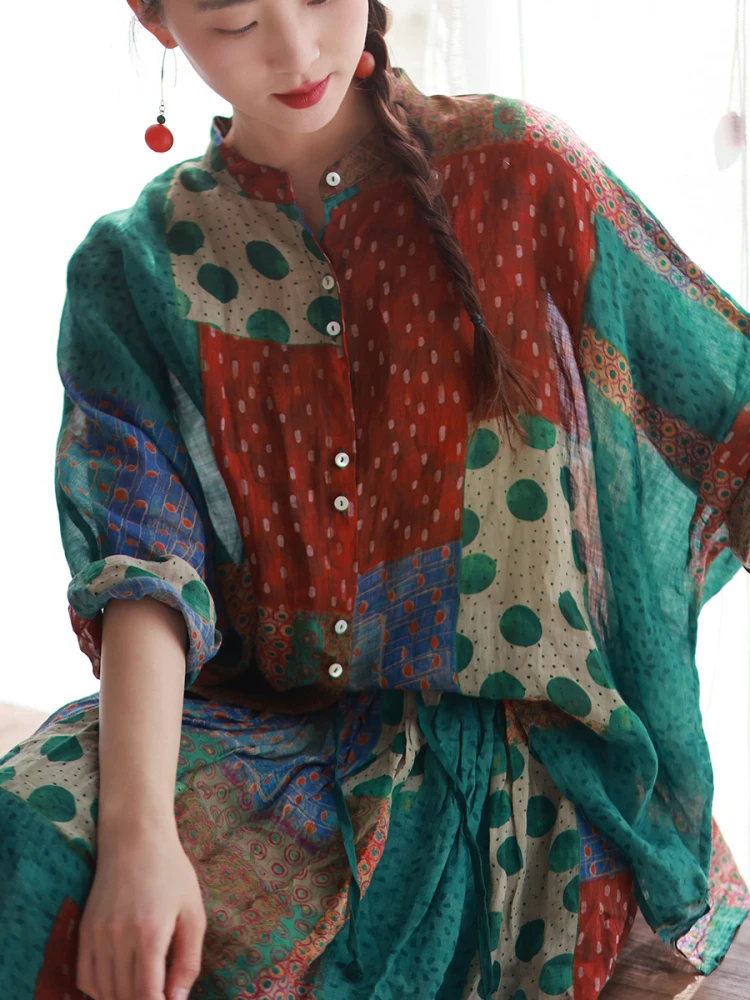 

Женская льняная блузка с длинным рукавом и принтом, лето 2022, лето-осень, винтажные рубашки большого размера в стиле бохо, женский топ с v-образным вырезом, повседневные свободные топы N752