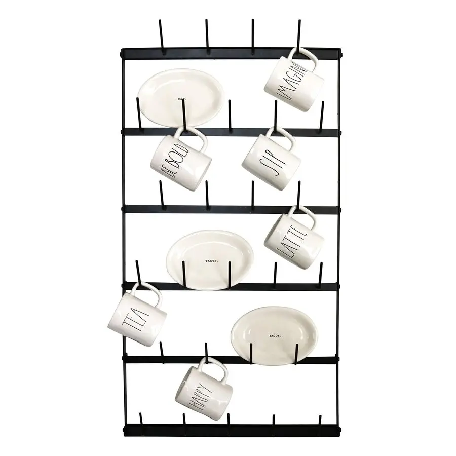 

Настенная подставка для кофейных кружек, большая, в деревенском стиле, из черного железа и стали, кухонная полка с 6 рядами для хранения 27 кружек, банок и тарелок, вертикальная.