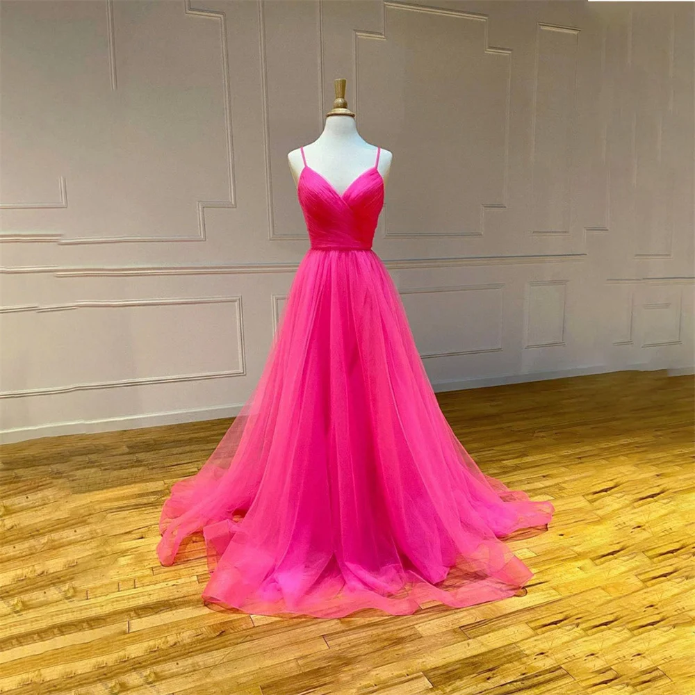 

Lily Spaghetti Strap Charming Prom Dress Gown V Neck Tulle Formal Gown A Line Pink Evening Gown Custom Size vestidos de noche