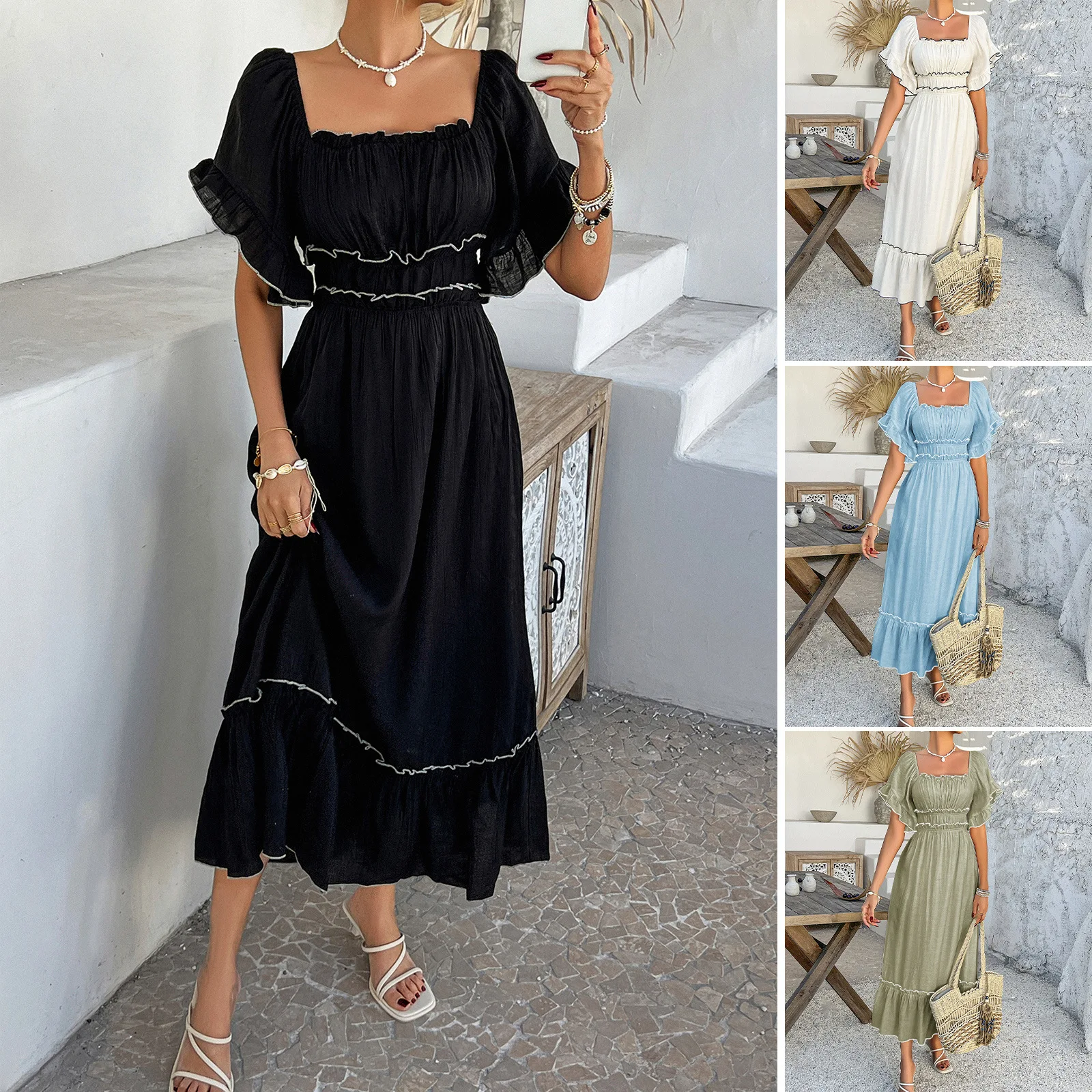 

Cross-border 2025 Spring And Summer Bohemian Leisure Vacation Contrasting Colors Two Wear Short-sleeved Dresses Women's Clothing