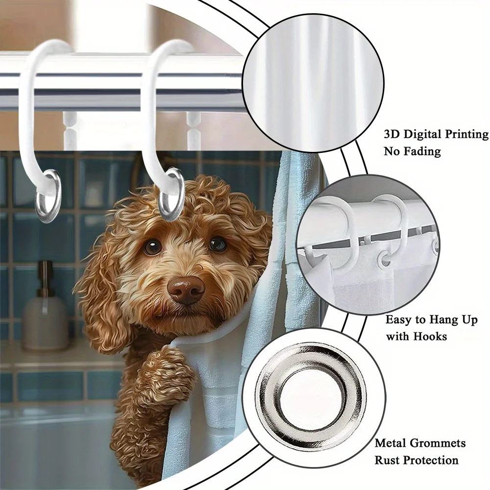 Realistic Poodle Dog Shower Curtain, Curly Gold Pet Peeking Towel Tile Print Waterproof Bath Curtain with Hooks Family Washroom