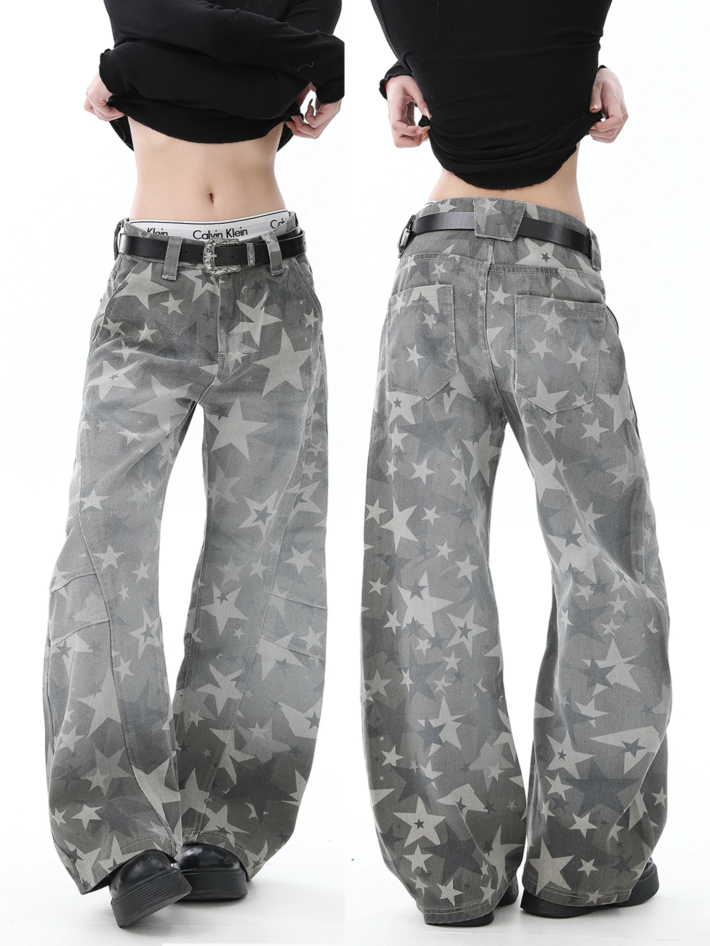 

American Style Camouflage Work Pants Star Design Loose Fit Jeans Retro Wide Leg Pants Casual Comfortable Denim Trousers